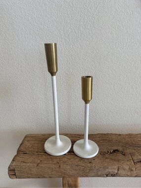 World Market white & gold taper candle holders